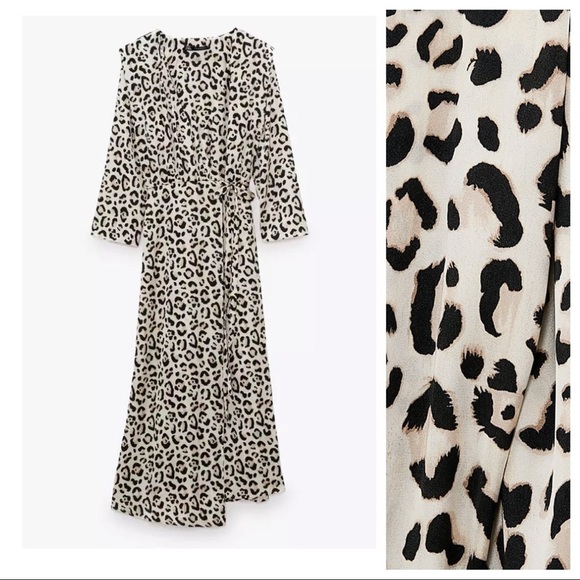 NWT. Zara Cream/Black Satin Effect Animal Print V-neck Wrap Dress. Size M. - Picture 1 of 10